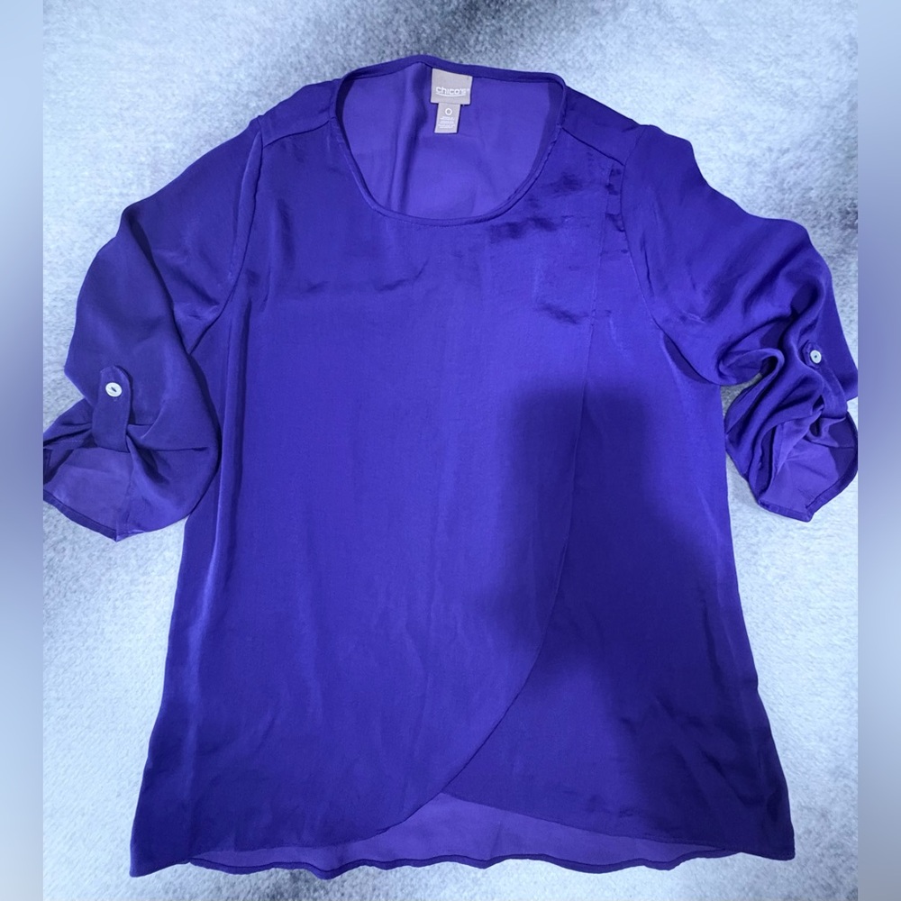 (B5)‎ Chico’s Royal Purple Roll-Tab Sleeve Tulip Front Blouse Top S